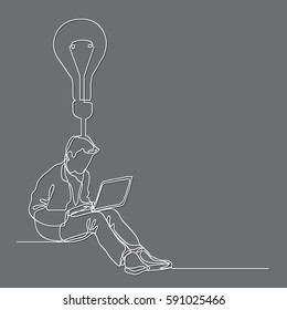 continuous line drawing of a guy sitting with laptop computer with idea