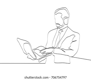 Continuous line drawing of a guy sitting with laptop computer