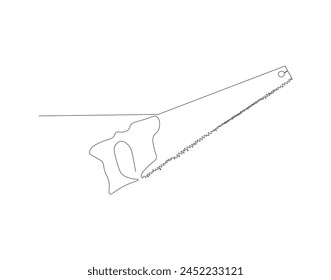 Continuous line drawing of hacksaw. One line of saw for wood. Carpenter concept continuous line art. Editable outline.
