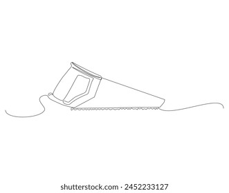 Continuous line drawing of hacksaw. One line of saw for wood. Carpenter concept continuous line art. Editable outline.
