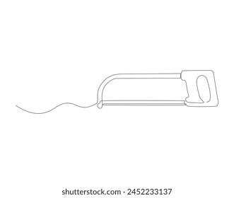 Continuous line drawing of hacksaw. One line of saw for wood. Carpenter concept continuous line art. Editable outline.
