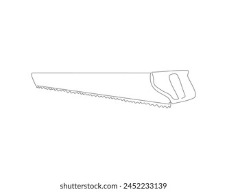 Continuous line drawing of hacksaw. One line of saw for wood. Carpenter concept continuous line art. Editable outline.
