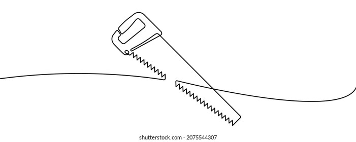 Continuous line drawing of hacksaw for wood. Hand saw linear icon. One line drawing background. Vector illustration. Hand saw continuous line icon