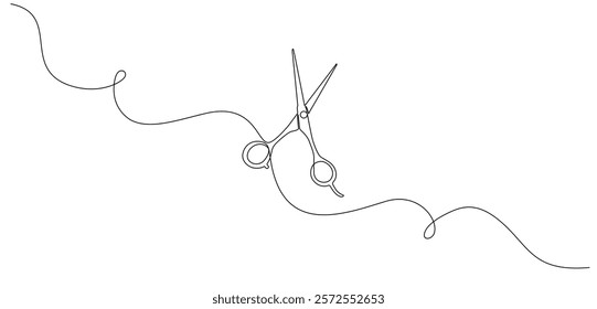 Continuous line drawing of hair scissors in a simple linear style. Great for a hair salon logo or web banner. Editable stroke for customization. Doodle style vector illustration.