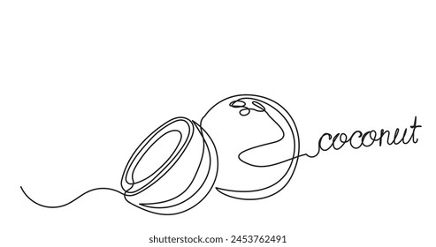 Continuous line drawing of a half-cut slice of coconut Delicious organic
 fruit.Summer beach fruit vector illustration.Natural Ripe Coconut, oil, milk summer vacations, beach concept.
