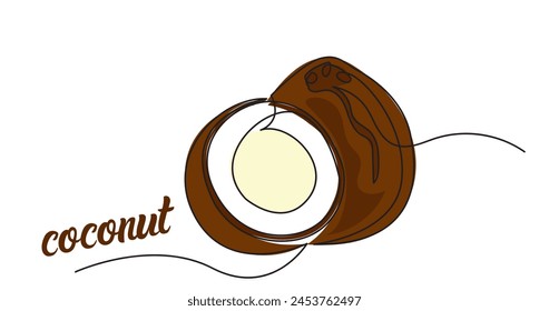 Continuous line drawing of a half-cut slice of coconut Delicious organic
 fruit.Summer beach fruit vector illustration.Natural Ripe Coconut, oil, milk summer vacations, beach concept.

