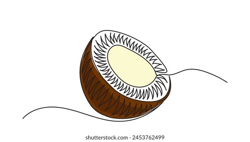 Continuous line drawing of a half-cut slice of coconut Delicious organic
 fruit.Summer beach fruit vector illustration.Natural Ripe Coconut, oil, milk summer vacations, beach concept.
