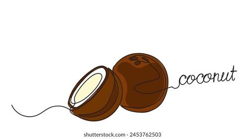 Continuous line drawing of a half-cut slice of coconut Delicious organic
 fruit.Summer beach fruit vector illustration.Natural Ripe Coconut, oil, milk summer vacations, beach concept.
