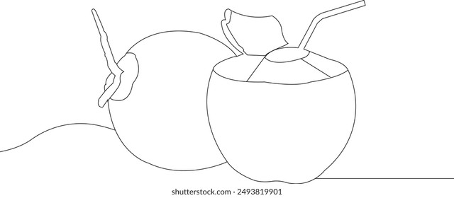 Continuous line drawing of a half-cut slice of coconut Delicious organic fruit.Summer beach fruit vector illustration.Natural Ripe Coconut, oil, milk summer vacations, beach concept.
Single line draw 