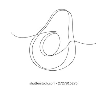 Un dibujo de línea continua de un aguacate cortado a la mitad con un hoyo en un estilo gráfico minimalista.