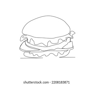 Continuous line drawing of Ham vector illustration. Hamburger single line hand drawn minimalism style.
