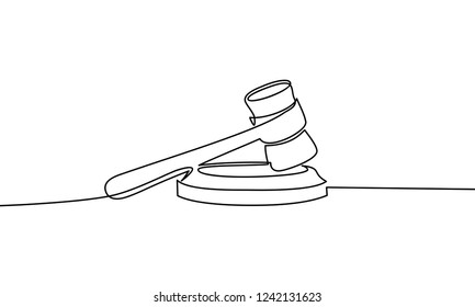 Continuous Line Drawing Of Hammer Judge On Black And White Background.