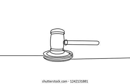 Continuous line drawing of hammer judge on Black and white background.