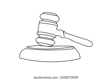 Continuous line drawing of hammer judge on Black and white background .Symbol and logo of equality and outline concept court in simple linear style. Doodle vector illustration 