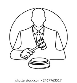 Continuous line drawing of hammer judge on Black and white background