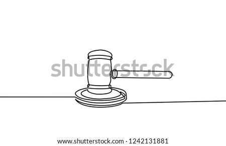 Continuous line drawing of hammer judge on Black and white background.