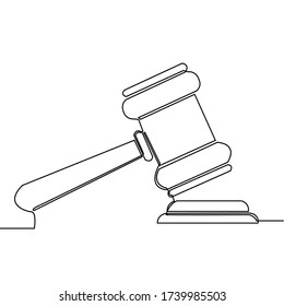 Continuous line drawing of hammer of justice isolated on a white background. a judge's wooden hammer and soundboard in the trial