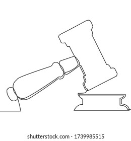 Continuous line drawing of hammer of justice isolated on a white background. a judge's wooden hammer and soundboard in the trial