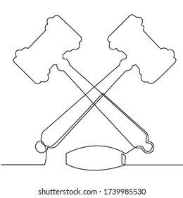 Kontinuierliche Linienzeichnung des Hammer der Gerechtigkeit isoliert auf einem weißen Hintergrund. ein richterlicher Holzhammer und ein Soundboard im Prozess