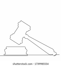 Un continuo trazado de líneas de martillo de justicia aislado en un fondo blanco. martillo de madera y pizarra de sonido de un juez en el juicio