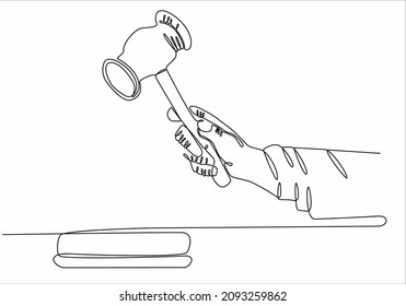 Continuous line drawing of a hammer of justice in the hands of judges. The concept of law and justice. Isolated in the background. Vector
