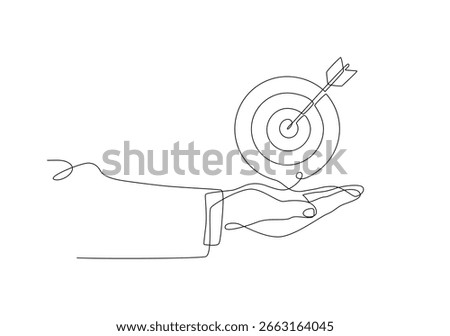 Continuous line drawing, Hand of businessman holding a bow, Business planning strategy symbols, Strategic thinking in a minimalist style. Isolated vector design illustration on white background.
