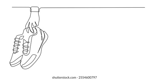 continuous line drawing of a hand carrying a shoe.one line drawing of lifting a shoe with a finger.single line vector illustration of a shoe advertisement.isolated white background