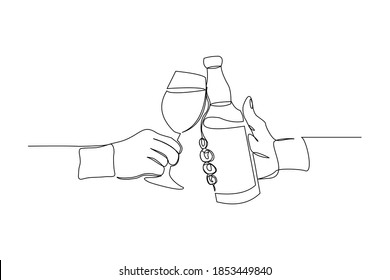 continuous line drawing of hand cheering and holding bottle and glass wine liquor. Vector illustration