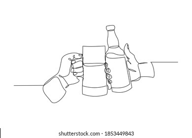 continuous line drawing of hand cheering and holding bottle and glass wine liquor. Vector illustration