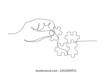 Continuous line drawing of hand connecting jigsaw puzzle. One line drawing of hand solving puzzle pieces. Business matching, teamwork concept, business metaphor of solving problem. Editable stroke
