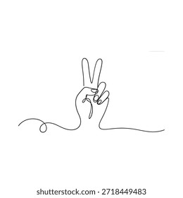 A continuous line drawing of a hand displaying the peace sign