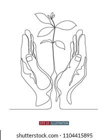 Continuous line drawing of Hand drawn hand gesture. Safe palms with sprout. Template for your design. Vector illustration.