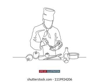 Dibujo continuo del chef que prepara comida a mano. Escena en la plantilla de cocina para su diseño. Ilustración vectorial.