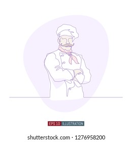 Continuous line drawing of hand drawn chef. Smiling male character. Template for your design. Vector illustration.