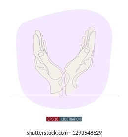 Continuous line drawing of Hand drawn hand gesture. Safe palms. Template for your design. Vector illustration.