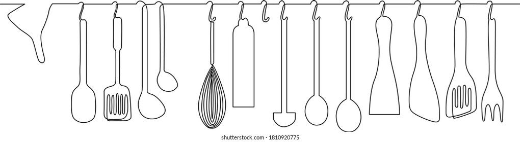 Continuous line drawing of hand drawn plate, napkin, fork and knife. Template for your design.