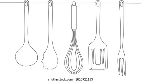 Dibujo continuo de la placa dibujada a mano, servilleta, tenedor y cuchillo. Plantilla para su diseño.