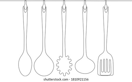 Continuous line drawing of hand drawn plate, napkin, fork and knife. Template for your design.