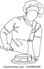 Continuous line drawing of hand drawn chef preparing food. Scene in the kitchen. Template for your design. Vector illustration.