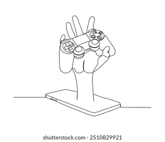 continuous line drawing of a hand emerging from a smartphone or tablet, holding a video game controller. This image combines elements of technology and gaming