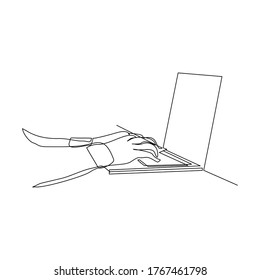 Continuous line drawing of hand fingers typing on laptop for business office work or social media concept. Vector illustration