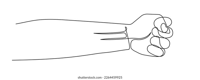 Continuous line drawing of hand with fist. One line drawing background. Vector illustration. Linear drawing of a male fist