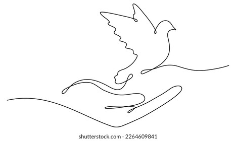 Continuous line drawing hand with flying bird. Freedom linear symbol. Vector illustration isolated on white.