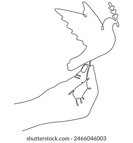 Continuous line drawing hand with flying dove with olive branch. Peace bird linear symbol. Vector illustration isolated on white.