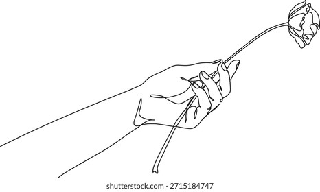 continuous line drawing of hand gently holding a single flower, line art vector illustration
