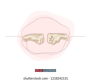 Continuous line drawing of hand gesture. Fist to fist symbol. Template for your design works. Vector illustration.