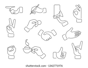 Continuous Line Drawing Of Hand Gestures. Set Of Different Gestures Hand, Signs And Signals. Icon Collection. Vector Illustration On White Background.