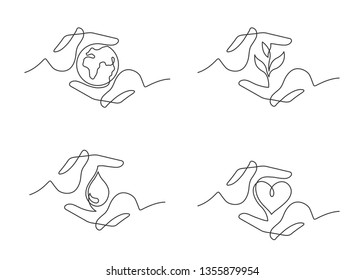 Continuous line drawing of hand gestures. Set of different gestures hand. Globe, heart,  plant, drop in hand. Vector illustration.