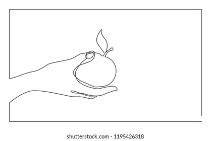 continuous line drawing of hand giving apple