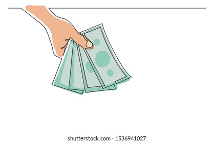 continuous line drawing of hand giving money banknotes